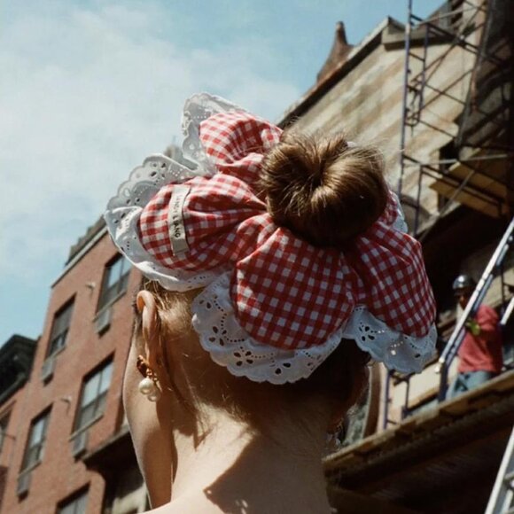 Red Gingham Ruffle Scrunchie Cottagecore Lace Hair Accessory - Picture 3 of 5